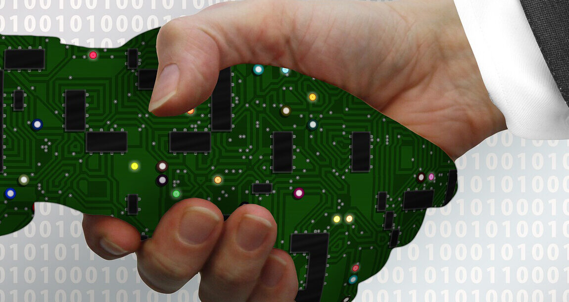 een echte hand en een digitale hand