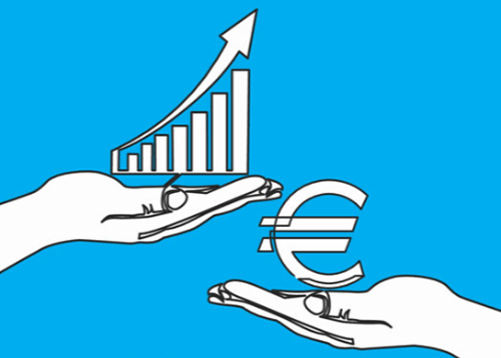 tekening van 2 handen, op de ene staat een euroteken, op de andere een stijgende grafiek