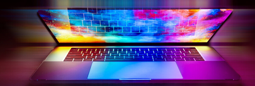 futuristisch beeld van een laptop. Half open met veel kleur.
