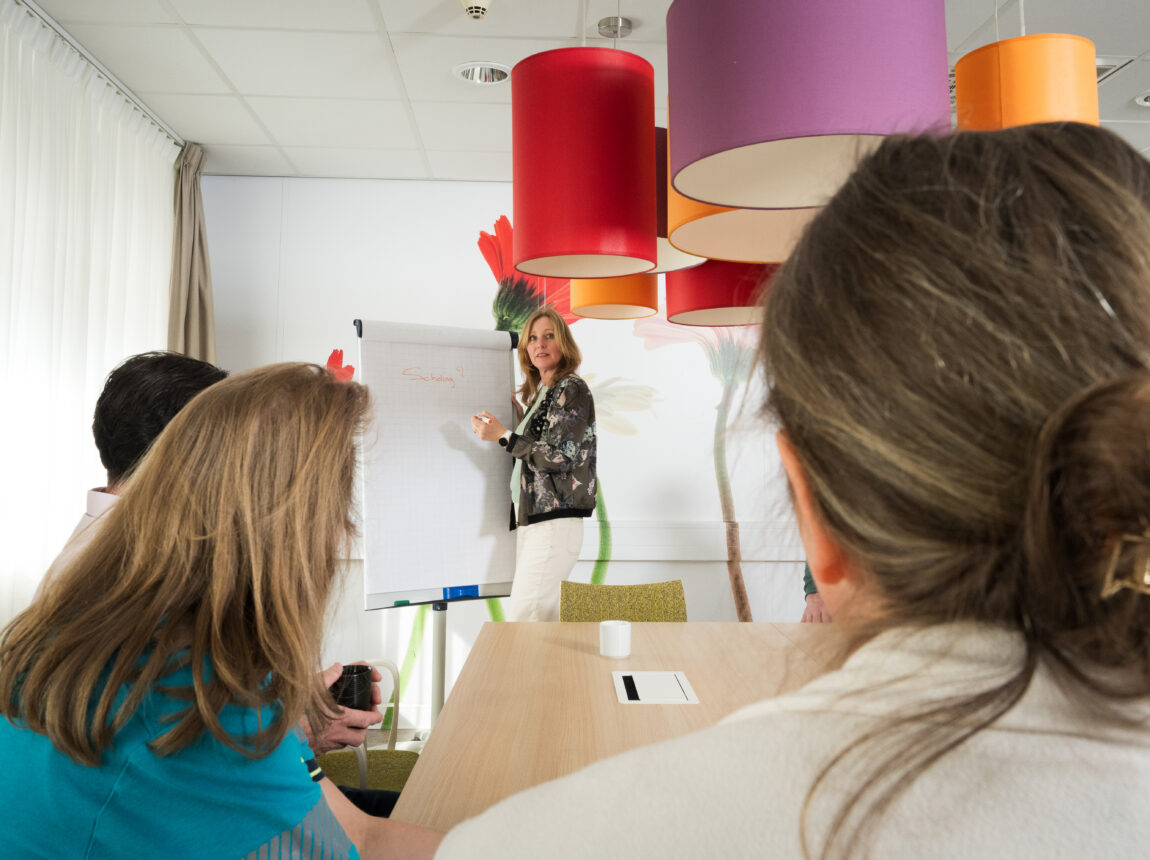 overleg en vrouw wijst iets aan op flip-over