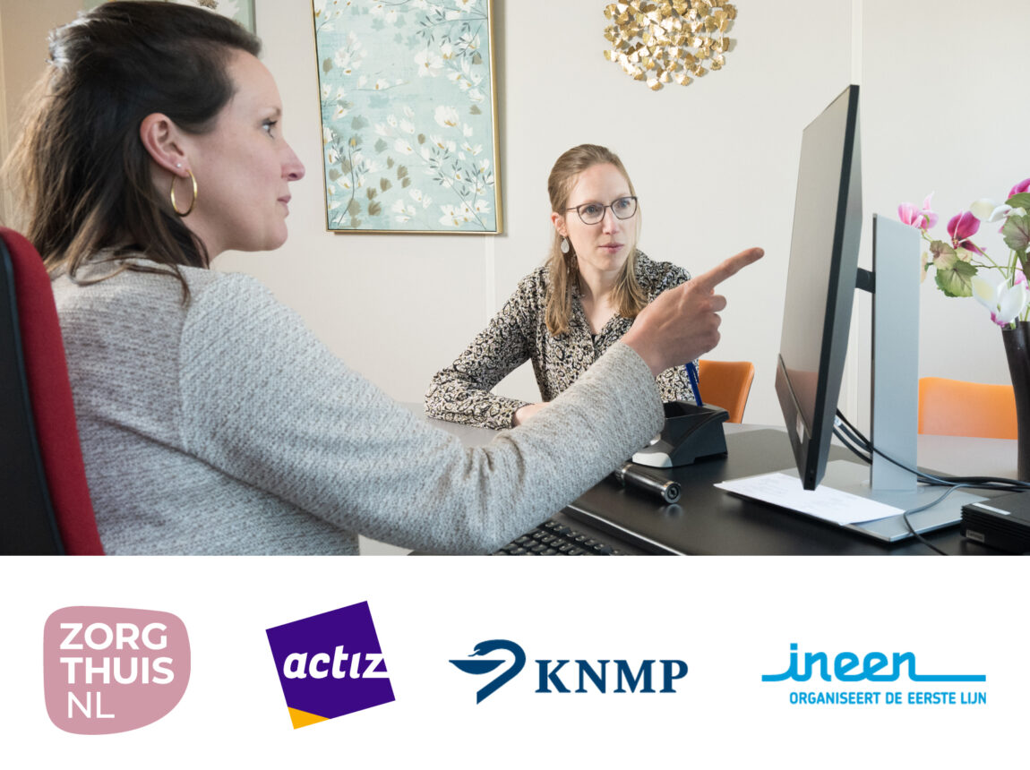 Afbeelding van 2 mensen bij een laptop en onderaan de logo's van Zorgthuisnl, ActiZ, KNMP en InEen