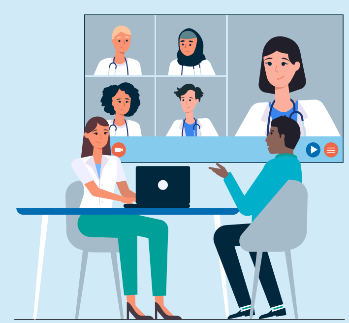 Illustratie van de voorkant van het meedenkadvies. Hierop zitten een man en vrouwelijke arts aan tafel met een laptop op tafel en een video-call film op de muur